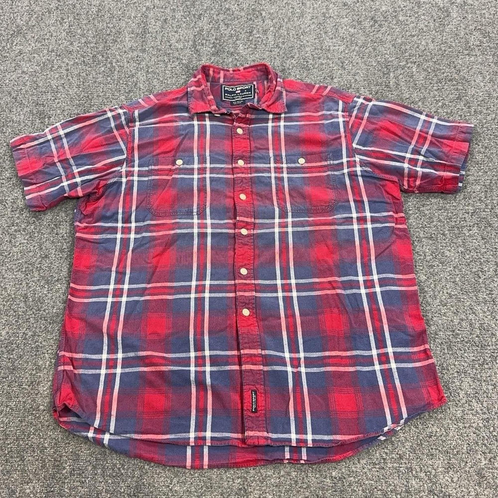 VTG Polo Sport Ralph Lauren Shirt Mens XL Red Plaid Short Sleeve Button Front